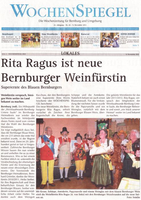 Pressebeitrag Wochenspiegel 'Rita Ragus ist neue Bernburger Weinf&uuml;rstin'